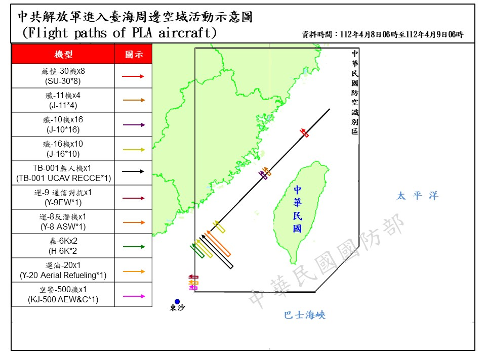 Flight paths of PLA aircraft, April 8, 2023