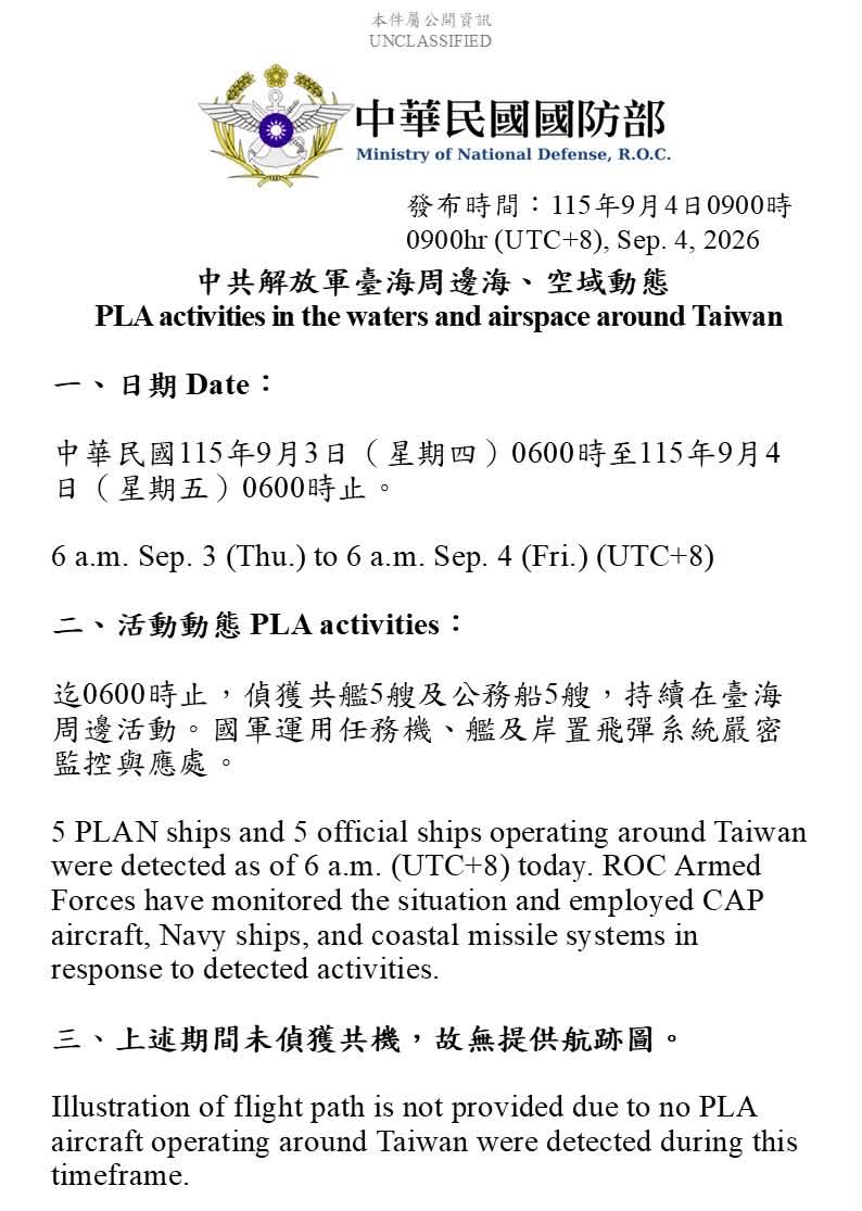  1150904_臺海周邊海、空域活動