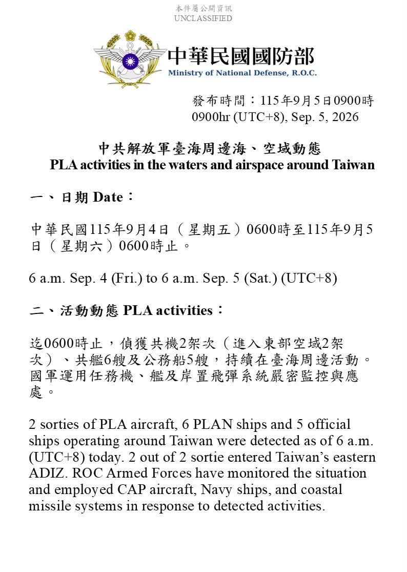  1150905_臺海周邊海、空域活動