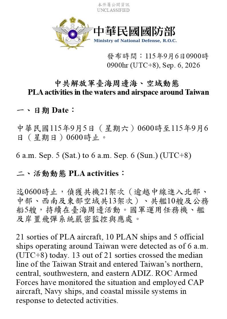  1150906_臺海周邊海、空域活動