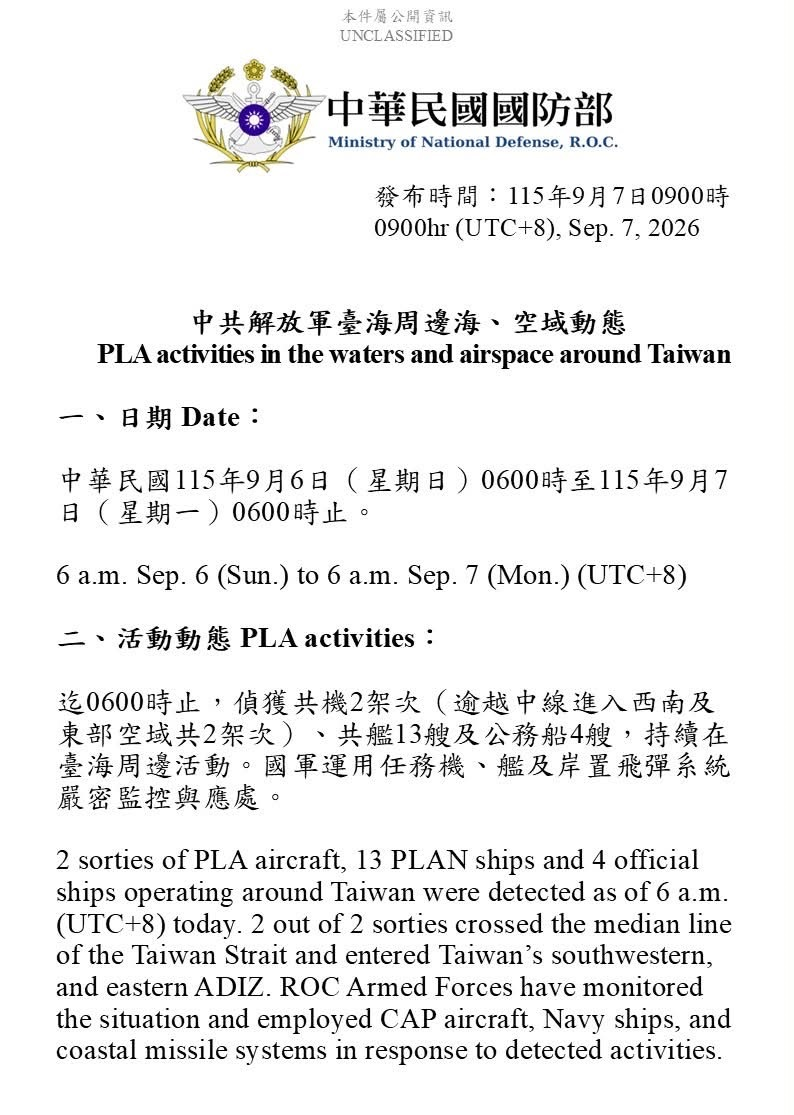  1150906_臺海周邊海、空域活動