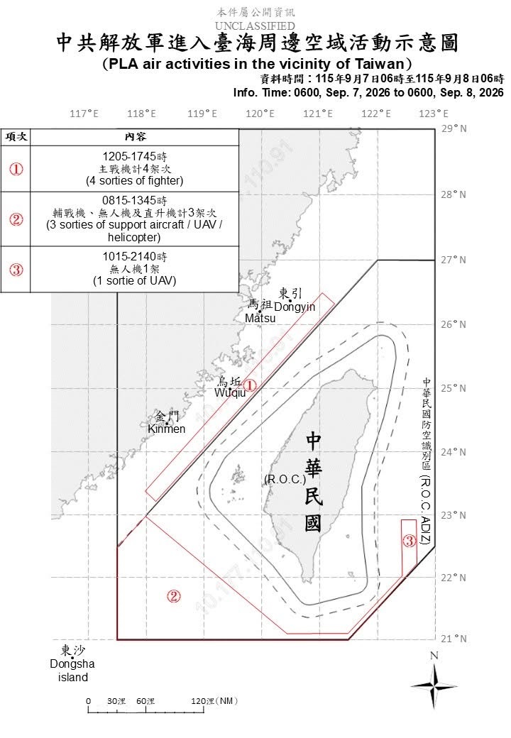 PLA activities in the waters and airspace around Taiwan Sep.8 2026 ...