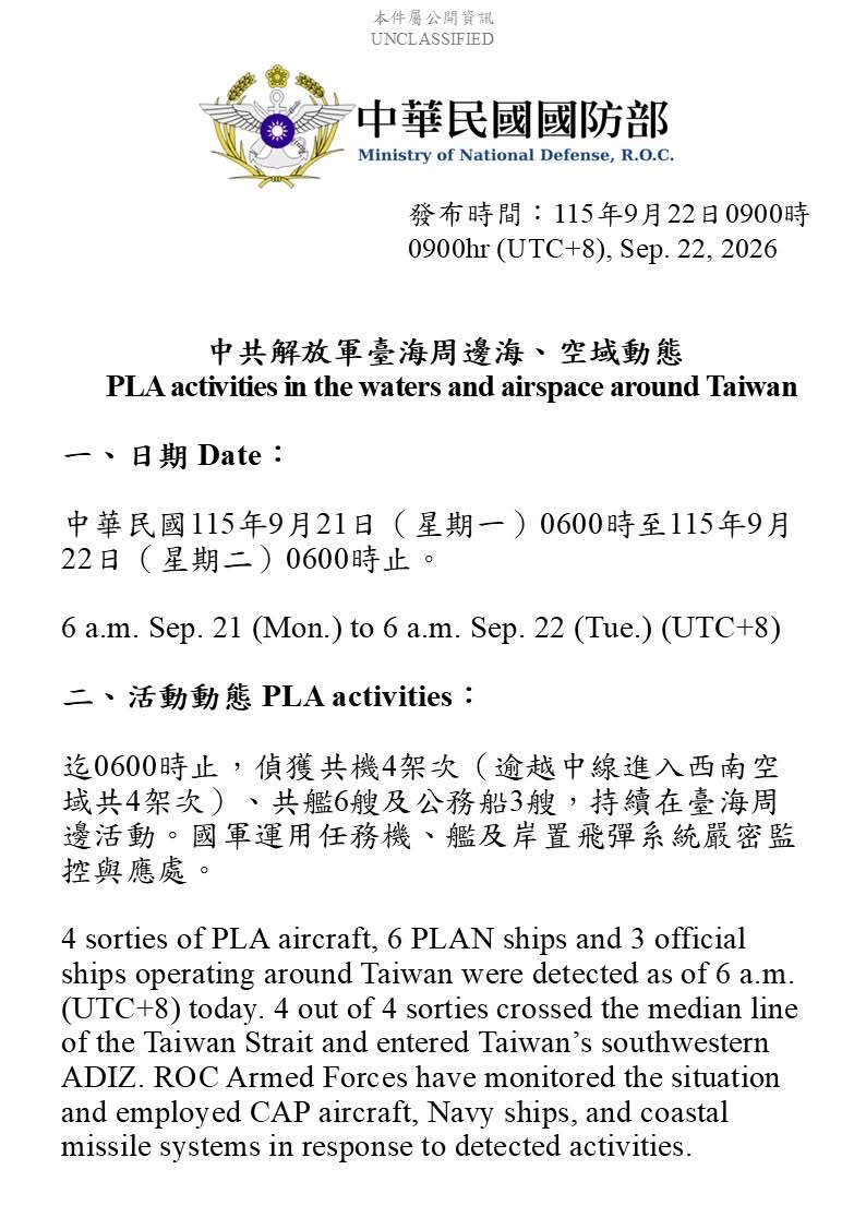 1150922_臺海周邊海、空域活動