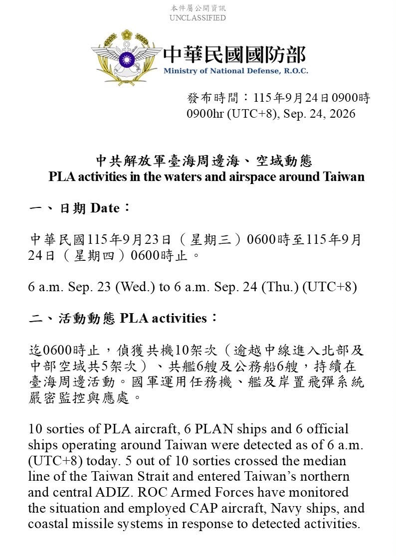1150924_臺海周邊海、空域活動