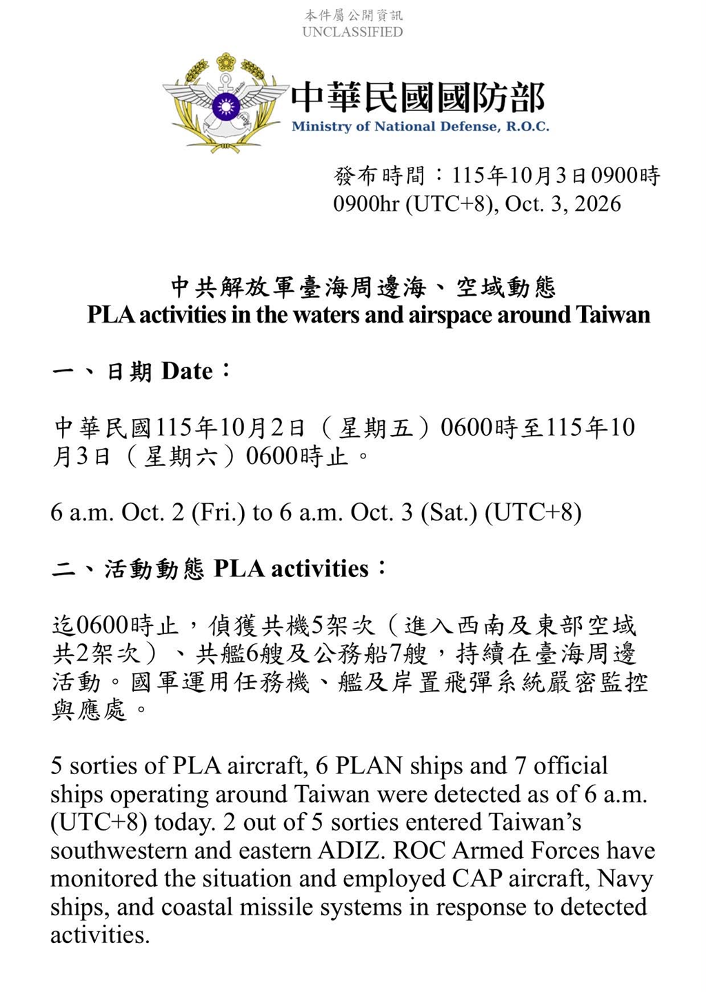 1151003_臺海周邊海、空域活動