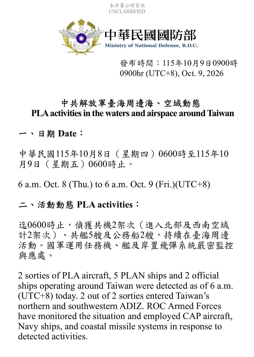 1151009_臺海周邊海、空域活動
