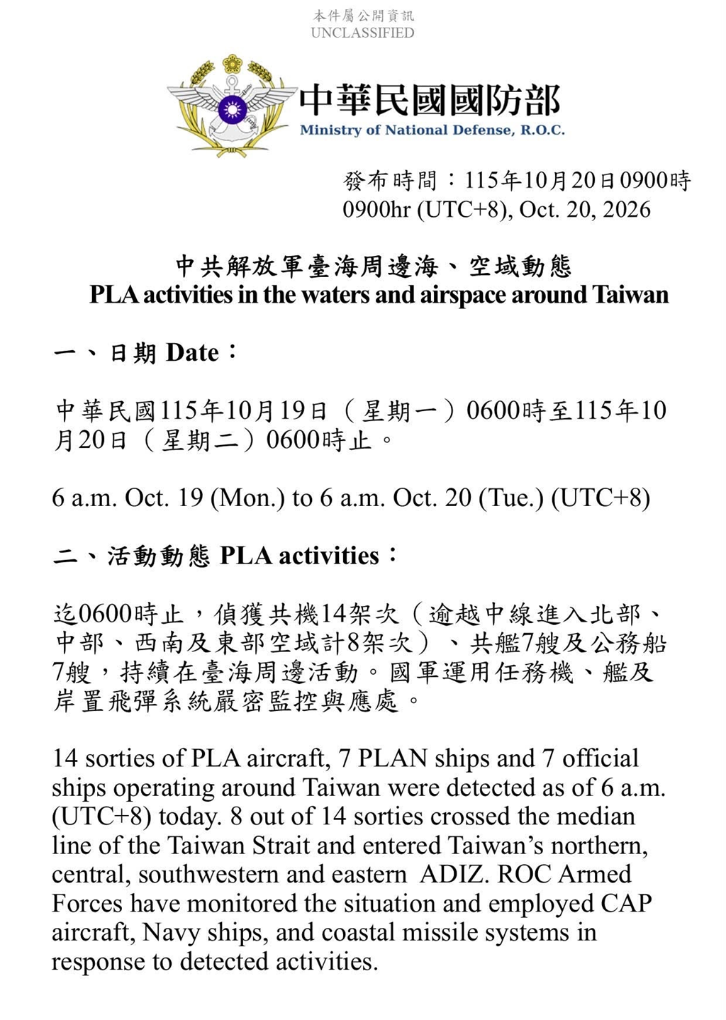 1151020_臺海周邊海、空域活動