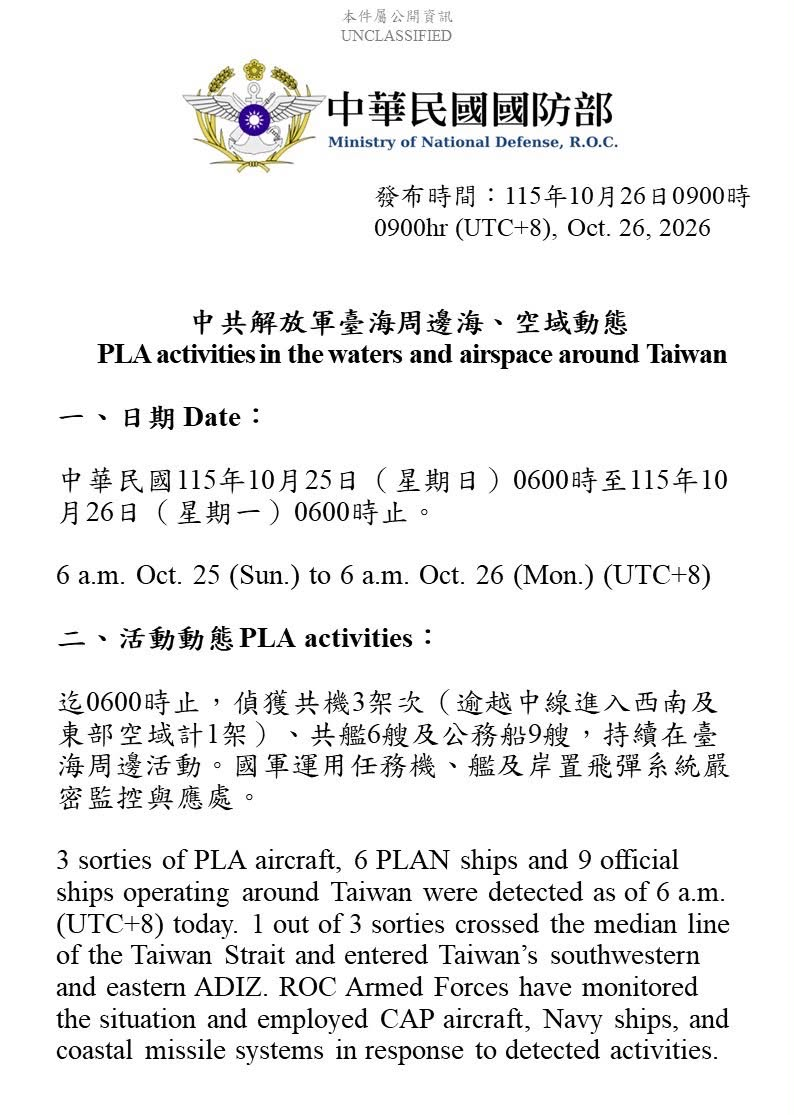 1151026_臺海周邊海、空域活動